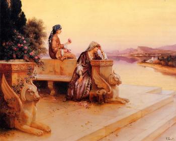 魯道夫 恩斯特 Elegant Arab Ladies on a Terrace at Sunset